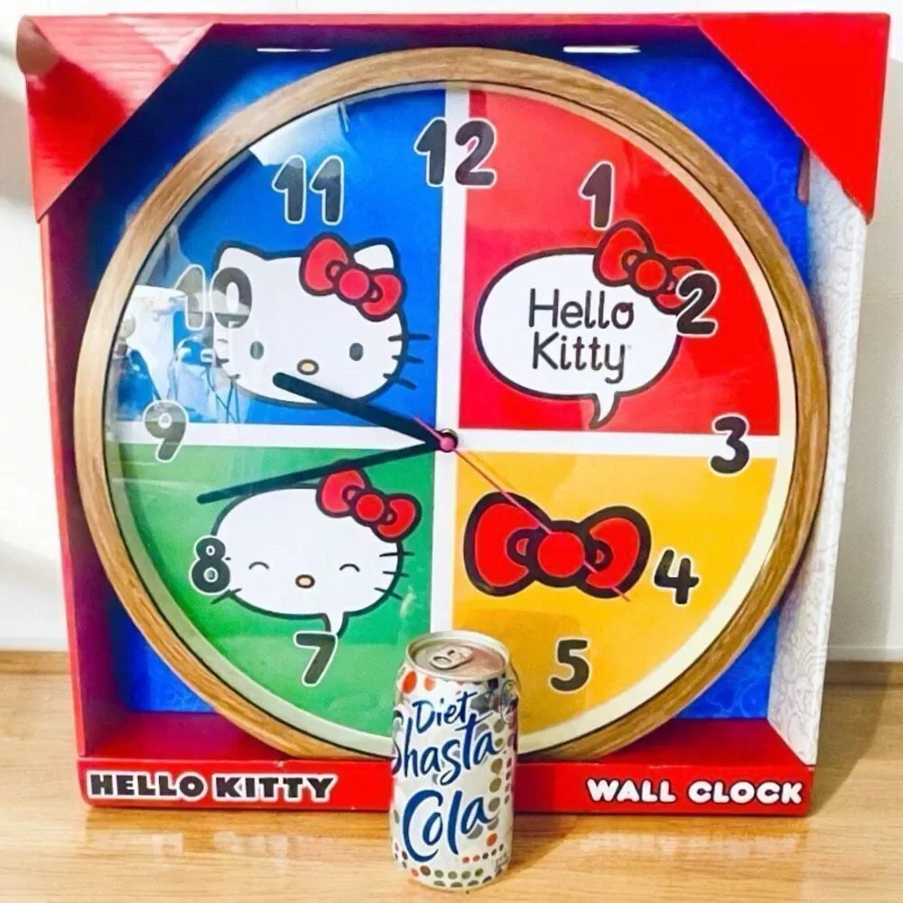 NWT Gorgeous Huge Sanrio 16”D Red Blue Yellow Green Hello Kitty Wood Wall Clock